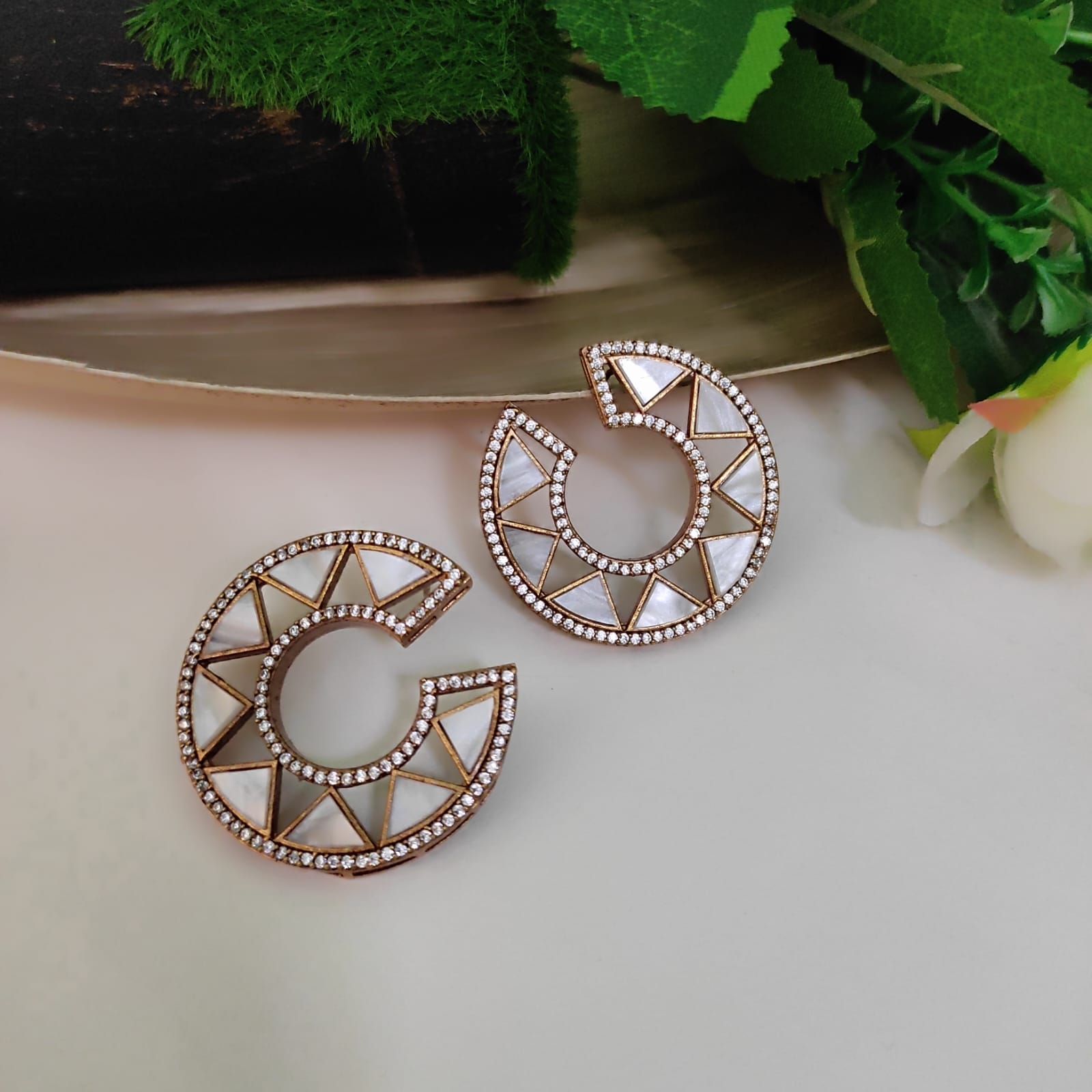 NCE37| Half cut earrings with AD stone matt copper plating which will give Antic look.