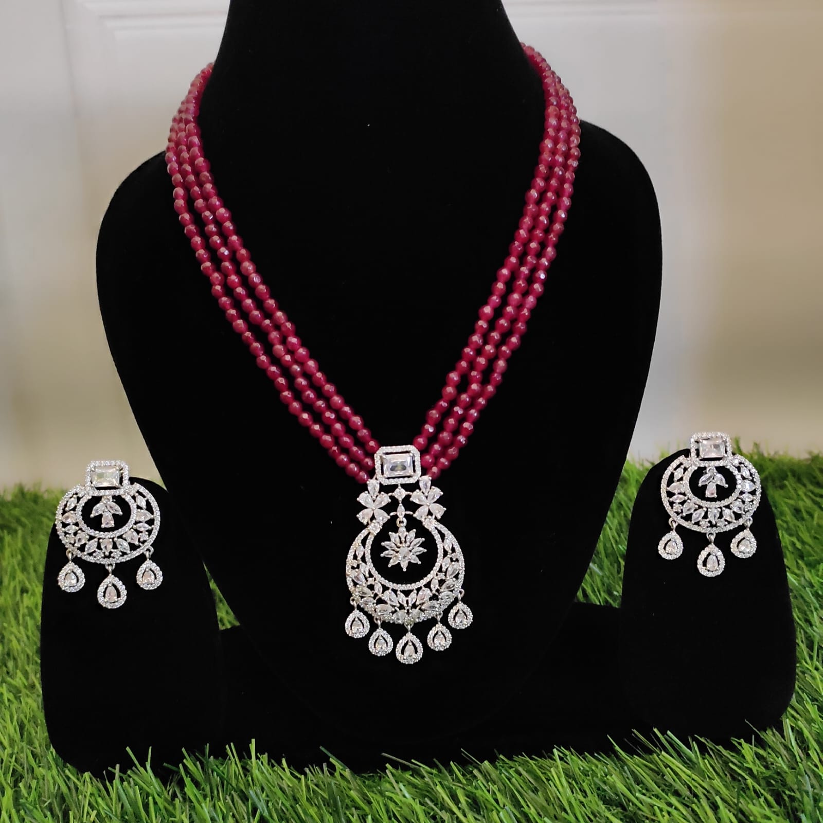 NCN12- Nitara long necklace with earrings weaved by Agate beads and Moti. Silver Rhodium Plating.
