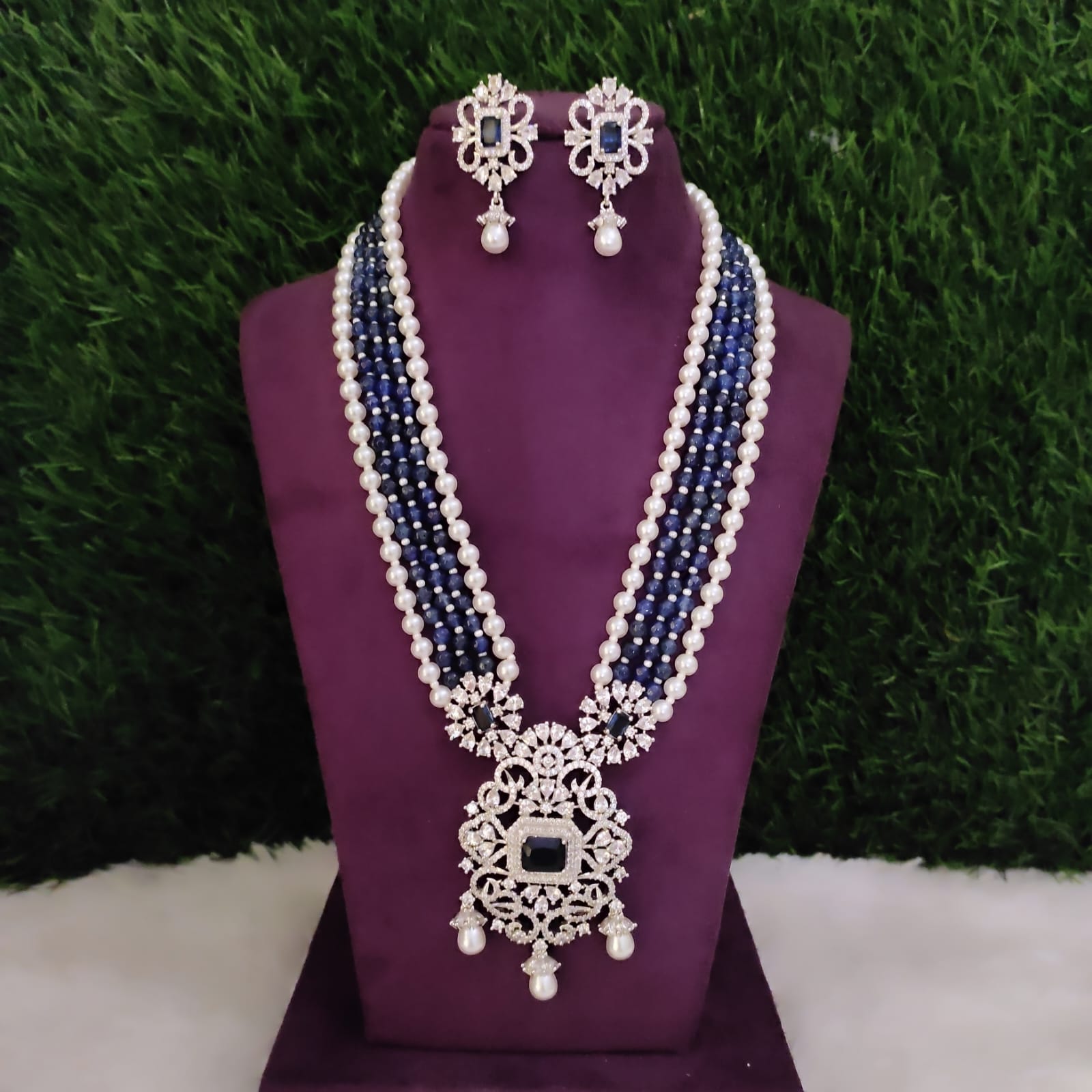 NCN13| AD Diamond Stone Long Neckless With Silver Plating Mala Made With Agate Beads and Motie